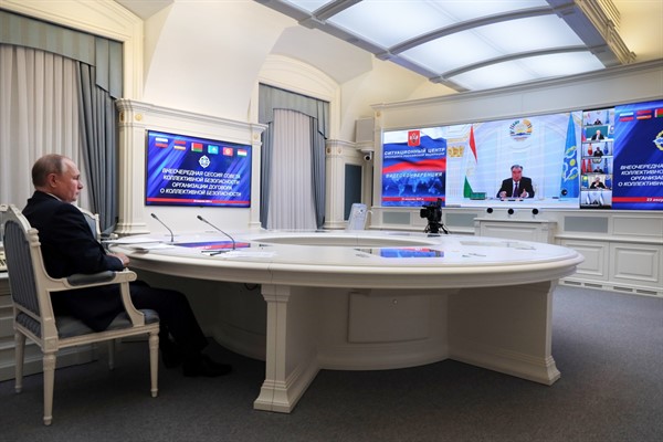 Russian President Vladimir Putin takes part in a virtual meeting with leaders of the Collective Security Treaty Organization to discuss the situation in Afghanistan, in Moscow, Aug. 23, 2021 (Kremlin pool photo by Evgeniy Paulin via AP).