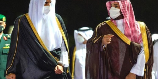 Saudi Crown Prince Mohammed bin Salman, right, greets Qatar’s Emir Sheikh Tamim bin Hamad Al Thani upon his arrival at the Red Sea city of Jiddah, Saudi Arabia, May 10, 2021 (AP photo by Bandar Aljaloud).