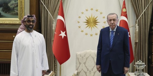 Turkish President Recep Tayyip Erdogan, right, and Emirati National Security Adviser Sheikh Tahnoon bin Zayed Al Nahyan before a meeting in Ankara, Aug. 18, 2021 (Turkish Presidency photo via AP).