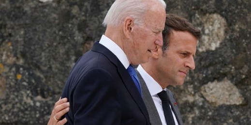 President Joe Biden speaks with French President Emmanuel Macron at the G-7 summit, Cornwall, U.K., June 11, 2021 (AP Photo by Patrick Semansky).