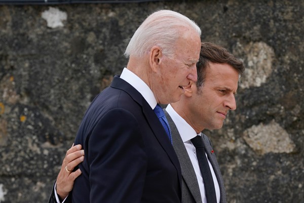 President Joe Biden speaks with French President Emmanuel Macron at the G-7 summit, Cornwall, U.K., June 11, 2021 (AP Photo by Patrick Semansky).