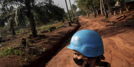 Moroccan U.N. peacekeepers patrol Bangassou, Central African Republic, Feb. 14, 2021 (AP photo by Adrienne Surprenant).