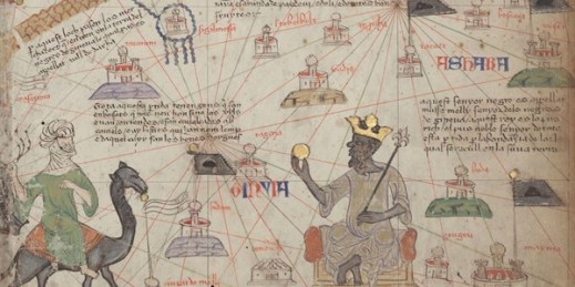 Detail from the Catalan Atlas, a medieval map produced in the 1370s, depicting Mansa Musa of the Mali Empire (Bibliotheque Nationale de France, public domain, via Wikimedia Commons).