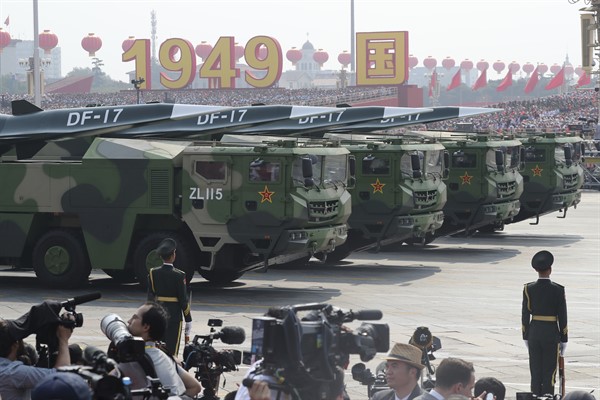 Military vehicles carrying DF-17 missiles participate in the parade to commemorate the 70th anniversary of the founding of Communist China, Beijing, Oct. 1, 2019 (AP photo by Ng Han Guan).