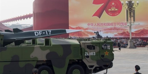 Chinese military vehicles carrying DF-17 missiles take part in a parade to commemorate the 70th anniversary of the founding of Communist China, Beijing, Oct. 1, 2019 (AP photo by Ng Han Guan).