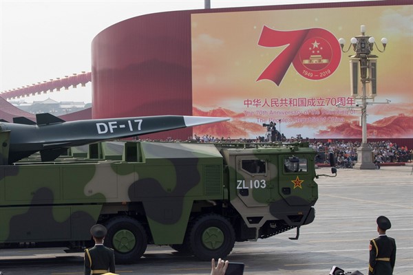 Chinese military vehicles carrying DF-17 missiles take part in a parade to commemorate the 70th anniversary of the founding of Communist China, Beijing, Oct. 1, 2019 (AP photo by Ng Han Guan).
