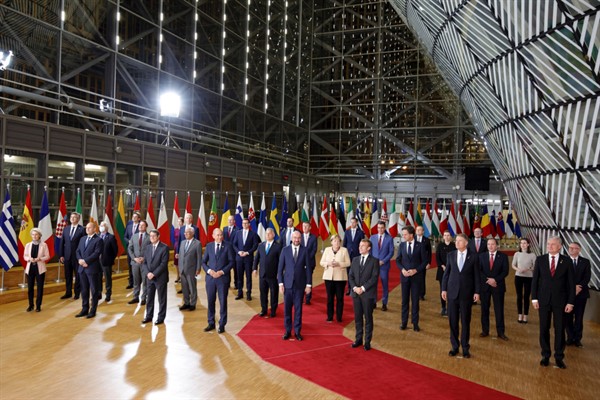 EU leaders pose for a group photo at an EU summit in Brussels, Oct. 21, 2021 (AP photo by Olivier Matthys).