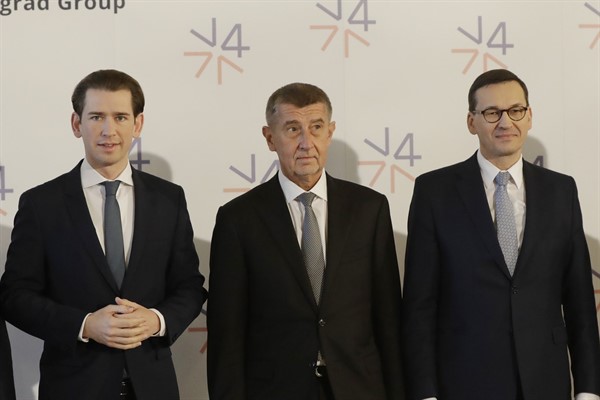 Former Austrian Chancellor Sebastian Kurz, Czech Prime Minister Andrej Babis and Polish Prime Minister Mateusz Morawiecki, from left to right, in Prague, Czech Republic, Jan. 16, 2020 (AP photo by Petr David Josek).