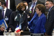 French Defense Minister Florence Parly, center left, speaks with German Defense Minister Annegret Kramp-Karrenbauer, center right, during a meeting of NATO defense ministers at NATO headquarters in Brussels, Oct. 21, 2021 (AP photo by Virginia Mayo).