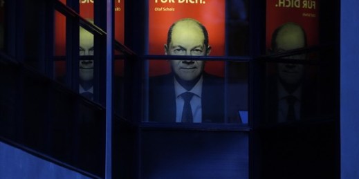 A poster of the Social Democratic Party candidate for chancellor, Olaf Scholz, at the party’s headquarters just after German parliamentary elections in Berlin, Sept. 26, 2021 (AP photo by Michael Sohn).