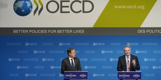 Secretary of State Antony Blinken and OECD Secretary-General Mathias Cormann during a press briefing at the OECD Ministerial Council meeting, Oct. 6, 2021, Paris (AP photo by Patrick Semansky).