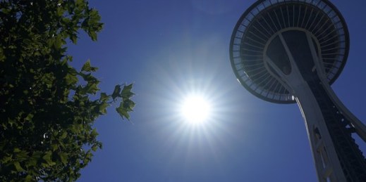 The sun shines near the Space Needle during a record-setting heat wave, Seattle, Washington, June 28, 2021 (AP photo by Ted S. Warren).