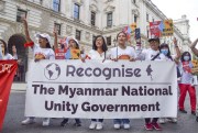 Protesters hold a banner calling on world leaders to recognize Myanmar’s National Unity Government, outside the Foreign and Commonwealth Office in London, Sept. 11, 2021 (SIPA photo by Vuk Valcic via AP).
