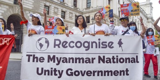 Protesters hold a banner calling on world leaders to recognize Myanmar’s National Unity Government, outside the Foreign and Commonwealth Office in London, Sept. 11, 2021 (SIPA photo by Vuk Valcic via AP).