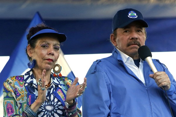 Nicaraguan President Daniel Ortega and his wife, Vice President Rosario Murillo, lead a rally in Managua, Nicaragua, Sept. 5, 2018 (AP file photo by Alfredo Zuniga).