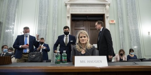 Former Facebook employee and whistleblower Frances Haugen after appearing before a Senate Committee on Commerce, Science and Transportation hearing on Capitol Hill, in Washington, Oct. 5, 2021 (Pool photo by Drew Angerer via AP).