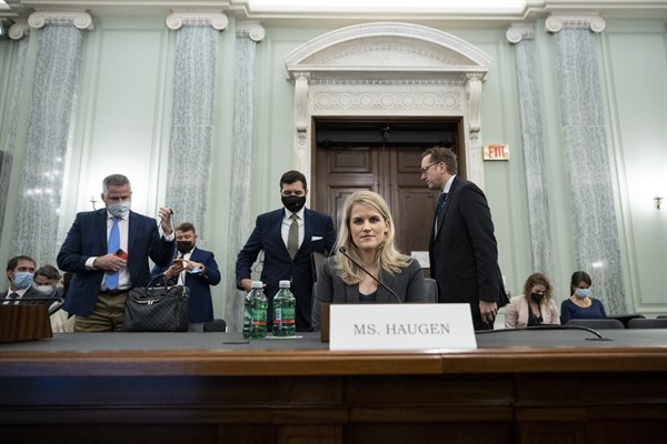 Former Facebook employee and whistleblower Frances Haugen after appearing before a Senate Committee on Commerce, Science and Transportation hearing on Capitol Hill, in Washington, Oct. 5, 2021 (Pool photo by Drew Angerer via AP).