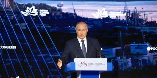 Russian President Vladimir Putin delivers a speech during a plenary session at the Eastern Economic Forum in Vladivostok, Russia, Sept. 3, 2021 (AP photo by Alexander Zemlianichenko).