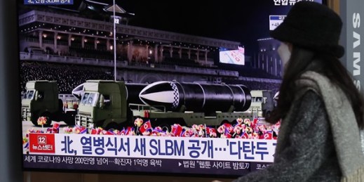 A TV screen at the Seoul Railway Station shows a news report about North Korea’s SLBM missiles displayed at a military parade, Seoul, South Korea, Jan. 15, 2021 (AP photo by Lee Jin-man).
