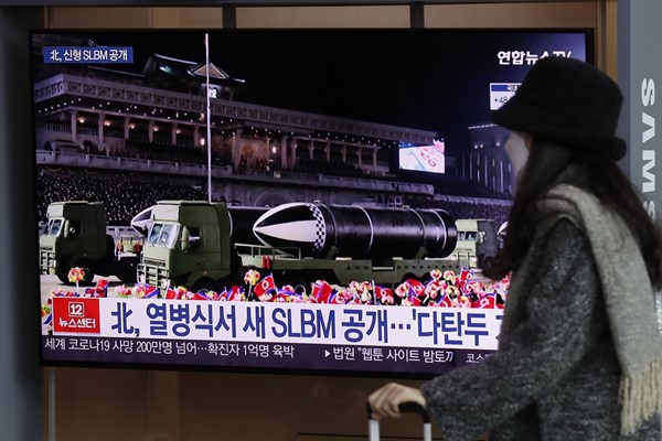 A TV screen at the Seoul Railway Station shows a news report about North Korea’s SLBM missiles displayed at a military parade, Seoul, South Korea, Jan. 15, 2021 (AP photo by Lee Jin-man).