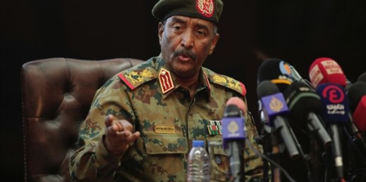 The head of Sudan’s military, Gen. Abdel-Fattah al-Burhan, speaks during a press conference, Khartoum, Sudan, Oct. 26, 2021 (AP photo by Marwan Ali).