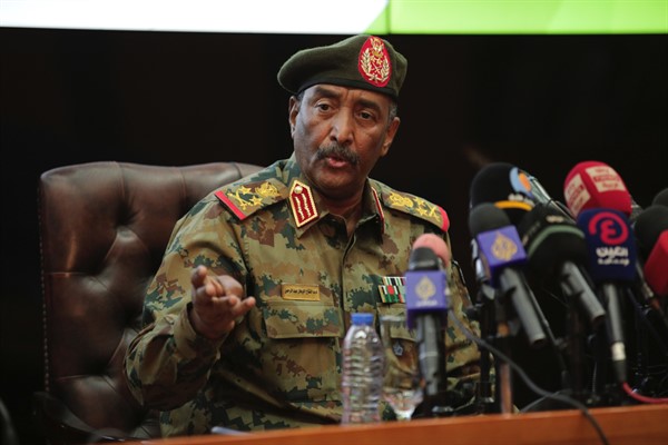 The head of Sudan’s military, Gen. Abdel-Fattah al-Burhan, speaks during a press conference, Khartoum, Sudan, Oct. 26, 2021 (AP photo by Marwan Ali).