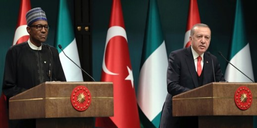 Turkish President Recep Tayyip Erdogan and Nigerian President Muhammadu Buhari speak during a joint news conference, Ankara, Turkey, Oct. 19, 2017 (Presidential Press Service photo via AP).