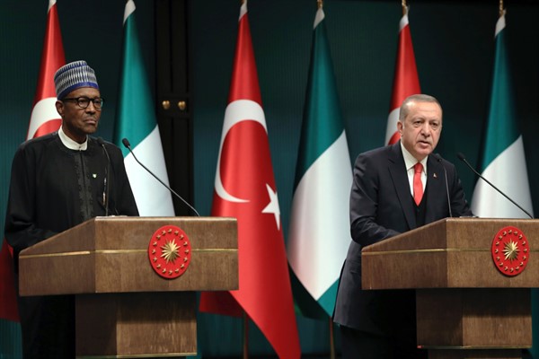 Turkish President Recep Tayyip Erdogan and Nigerian President Muhammadu Buhari speak during a joint news conference, Ankara, Turkey, Oct. 19, 2017 (Presidential Press Service photo via AP).