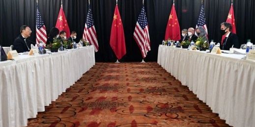 U.S. and Chinese officials at the opening session of their talks at the Captain Cook Hotel in Anchorage, Alaska, March 18, 2021 (AFP pool photo by Frederic J. Brown via AP).