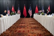 U.S. and Chinese officials at the opening session of their talks at the Captain Cook Hotel in Anchorage, Alaska, March 18, 2021 (AFP pool photo by Frederic J. Brown via AP).
