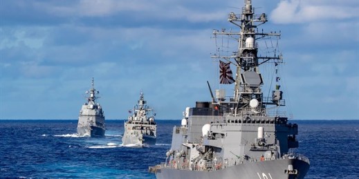 Ships from the Japan Maritime Self-Defense Force, the Indian Navy and the Royal Australian Navy sail in formation during the MALABAR 2021 joint exercises, Aug. 27, 2021 (DVIDS U.S. Navy photo by Justin Stack via AP).