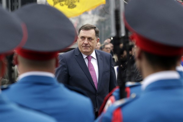 Milorad Dodik, the president of the Republika Srpska, inspects an honor guard during a parade marking the 26th anniversary of the Republika Srpska in the Bosnian town of Banja Luka, Jan. 9, 2018 (AP photo by Amel Emric).