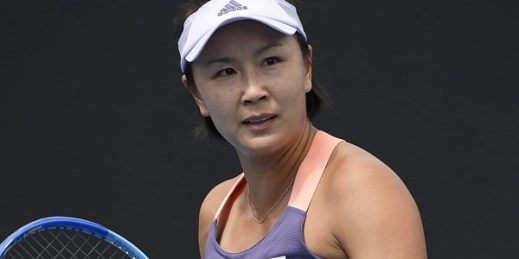 China’s Peng Shuai reacts during a first-round singles match at the Australian Open tennis championship in Melbourne, Australia, Jan. 21, 2020 (AP photo by Andy Brownbill).