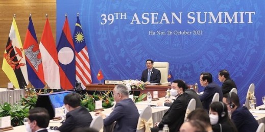Vietnamese Prime Minister Pham Minh Chinh speaks during the 39th ASEAN summit held virtually, in Hanoi, Vietnam, Oct. 26, 2021 (VNA photo by Duong Van Giang via AP).