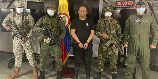 Dairo Antonio Usuga, alias “Otoniel,” leader of the violent Clan del Golfo cartel, is presented to the media at a military base in Necocli, Colombia, Oct. 23, 2021 (Colombian presidential press office photo via AP).