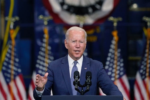 U.S. President Joe Biden speaks in Kearny, New Jersey, Oct. 25, 2021 (AP photo by Evan Vucci).