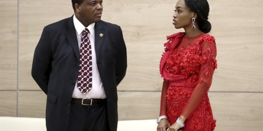Eswatini’s King Mswati III and his wife attend a welcome ceremony of the Russia-Africa summit in the Black Sea resort of Sochi, Russia, Oct. 23, 2019 (TASS News Agency pool photo by Valery Sharifulin via AP).