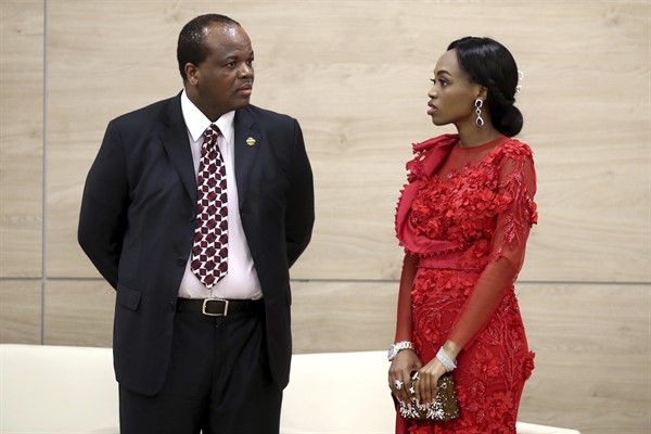 Eswatini’s King Mswati III and his wife attend a welcome ceremony of the Russia-Africa summit in the Black Sea resort of Sochi, Russia, Oct. 23, 2019 (TASS News Agency pool photo by Valery Sharifulin via AP).