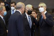 U.S. President Joe Biden, center, speaks with Turkish President Recep Tayyip Erdogan, left, and NATO Secretary General Jens Stoltenberg during a plenary session at a NATO summit in Brussels, June 14, 2021 (AP photo by Olivier Matthys).