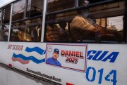 A sign reading “Daniel 2021” next to a picture of Nicaraguan President Daniel Ortega on a public transportation bus, Managua, Nicaragua, June 22, 2021 (DPA photo via AP Images).