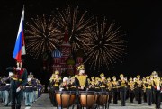A military band performs during the Spasskaya Tower International Military Music Festival in Red Square, Moscow, Aug. 31, 2021 (AP photo by Pavel Golovkin).