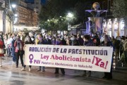 Women march while holding a banner calling for the abolition of prostitution at the Plaza Fuente Dorada in Valladolid, Spain, Oct. 17, 2021 (Europa Press photo by Claudia Alba via AP Images).