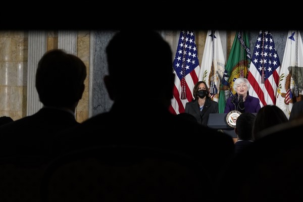 Treasury Secretary Janet Yellen, right, speaks as Vice President Kamala Harris listens, during an event at the Treasury Department in Washington, Sept. 15, 2021 (AP photo by Susan Walsh).