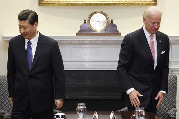 Then-Vice President Joe Biden meets with then-Chinese Vice President Xi Jinping at the White House, Washington, Feb. 14, 2012 (AP photo by Charles Dharapak).