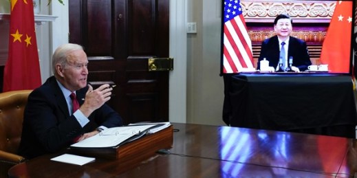 U.S. President Joe Biden meets virtually with Chinese President Xi Jinping from the Roosevelt Room of the White House, Washington, Nov. 15, 2021 (AP photo by Susan Walsh).