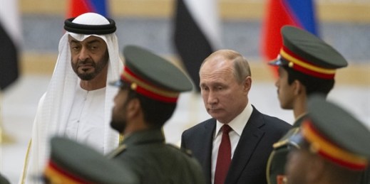 Russian President Vladimir Putin, right, and Abu Dhabi Crown Prince Mohamed bin Zayed Al Nahyan, left, attend an official welcome ceremony in Abu Dhabi, United Arab Emirates, Oct. 15, 2019 (AP photo by Alexander Zemlianichenko).
