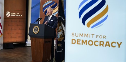 U.S. President Joe Biden delivers closing remarks to the virtual Summit for Democracy, in the South Court Auditorium on the White House campus, Washington, Dec. 10, 2021 (AP photo by Evan Vucci).