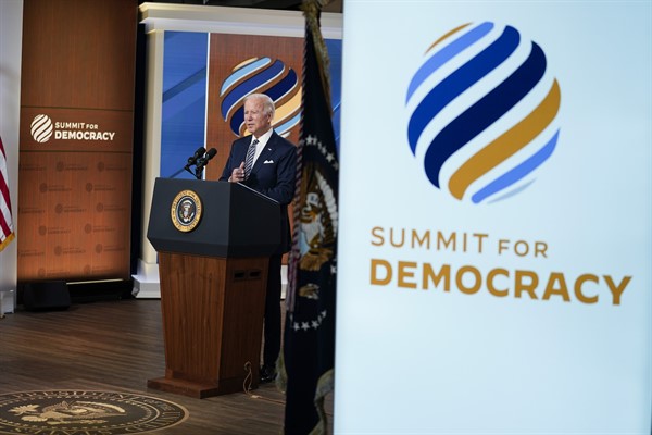 U.S. President Joe Biden delivers closing remarks to the virtual Summit for Democracy, in the South Court Auditorium on the White House campus, Washington, Dec. 10, 2021 (AP photo by Evan Vucci).