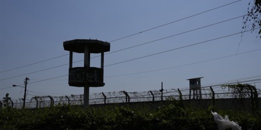A watch tower stands empty inside Litoral Penitentiary, Guayaquil, Ecuador, July 22, 2021 (AP photo by Dolores Ochoa).