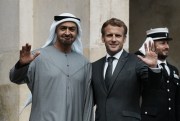 French President Emmanuel Macron welcomes Crown Prince of the Emirate of Abu Dhabi Mohammed bin Zayed at the Fontainebleau castle, south of Paris, France, Sept. 15, 2021. (AP Photo/Thibault Camus)